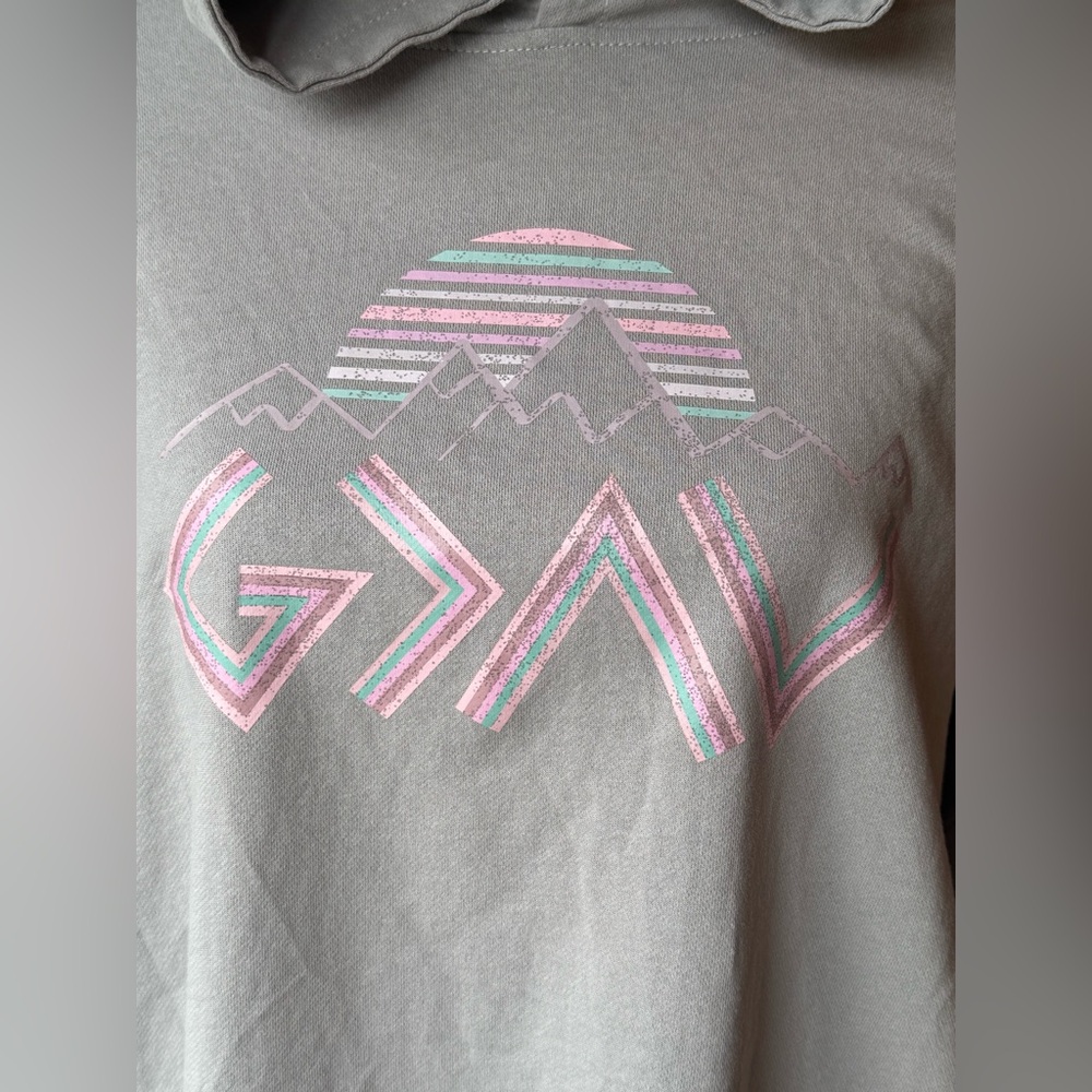 Gray Graphic Hoodie with Pink & Teal Mountain Design